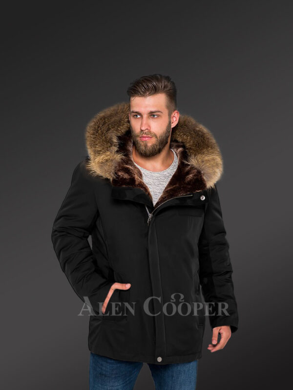 Blazing fashion trend with Men’s hybrid black Finn raccoon fur parka convertibles New view