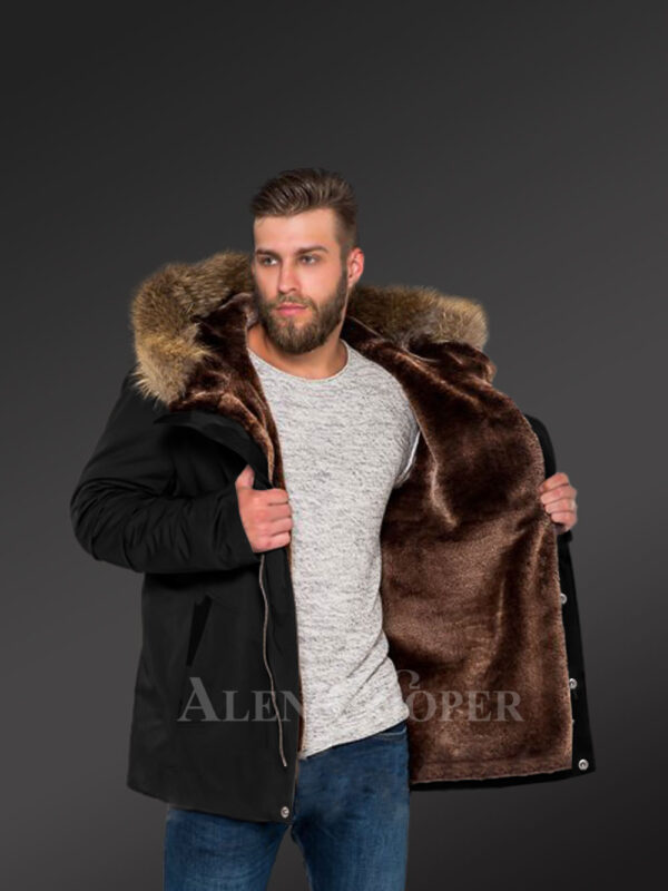 Blazing fashion trend with Men’s hybrid black Finn raccoon fur parka convertibles New views