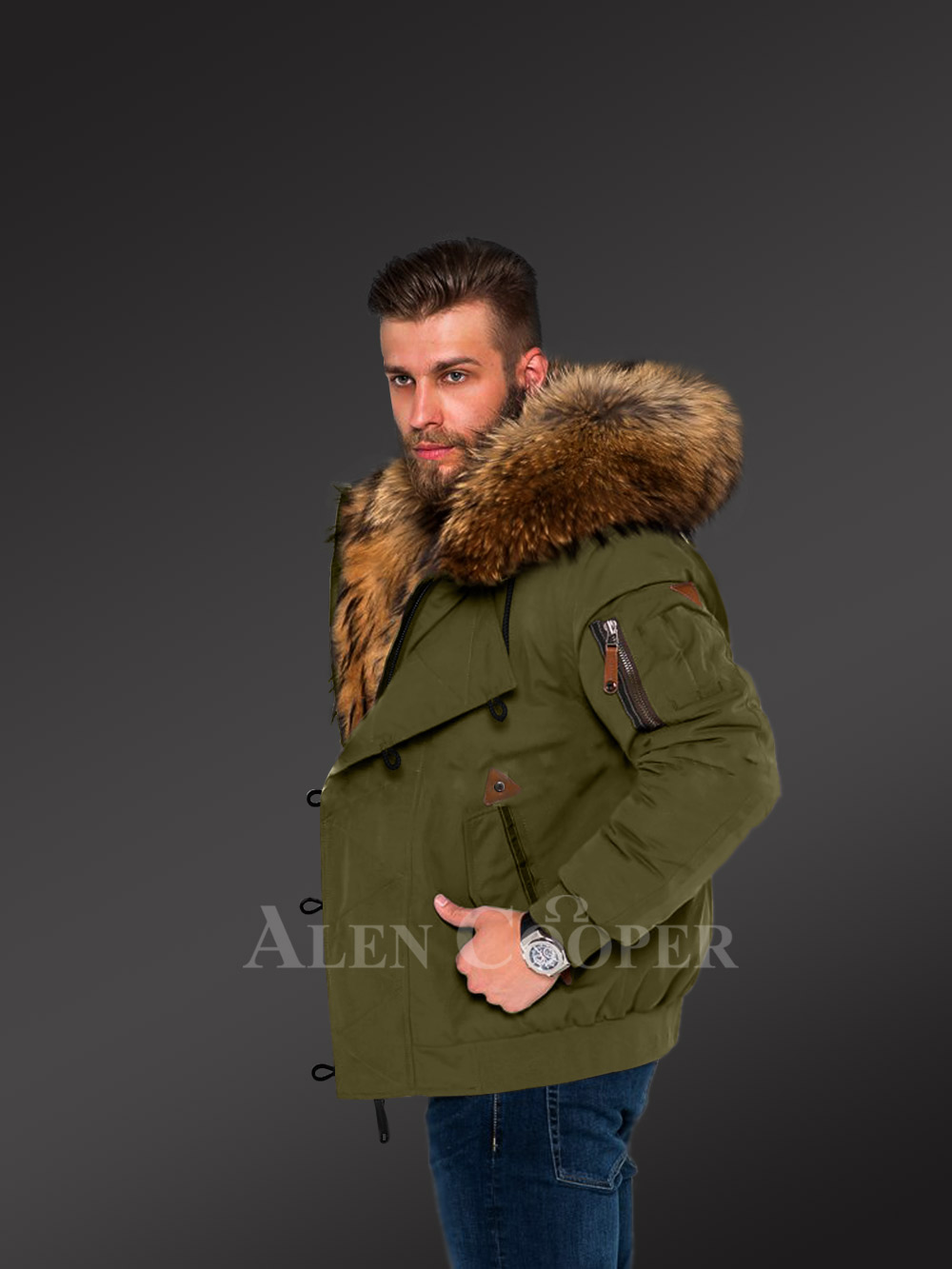 green coat with fur hood