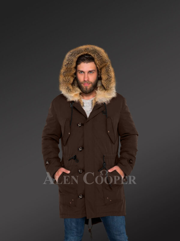 Golden Island fox fur hybrid coffee parkas for manly style and elegance new view