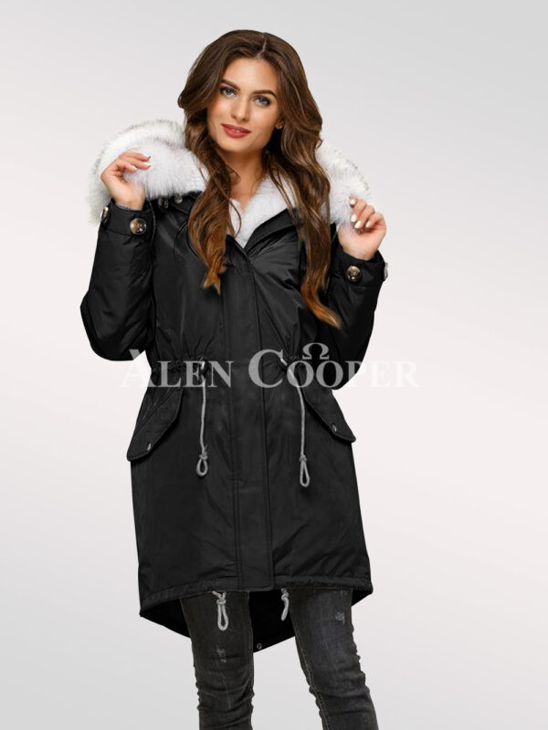 Hybrid black parka convertibles for womens made of authentic Arctic fox fur plates