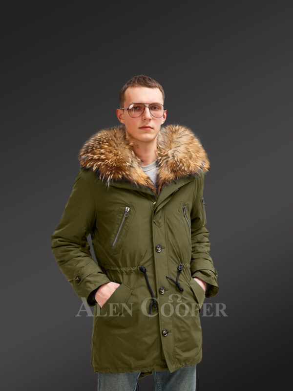 Improve your identity with Finn raccoon fur hybrid green parka convertibles for men new