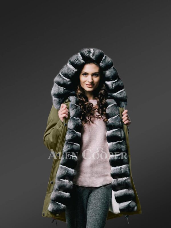 Ladies Chinchilla fur hybrid green parka convertibles for more graceful you new view