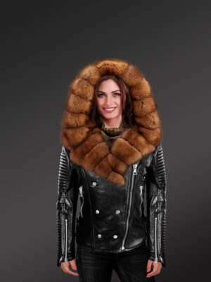 Leather Moto Jacket with Sable fur Collar and Hood