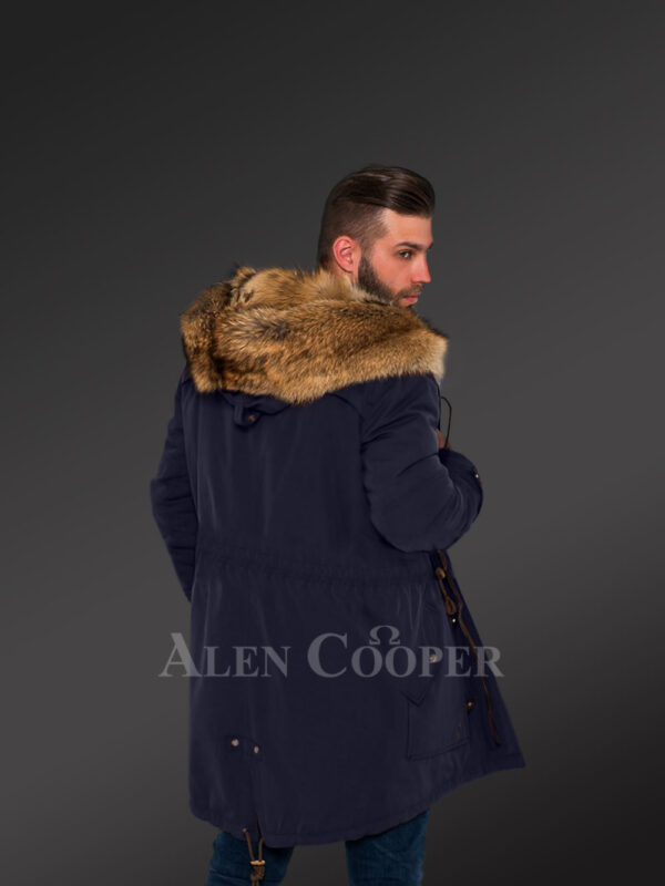 Masculine and stylish Golden Island fox fur hybrid navy parkas for men new back view