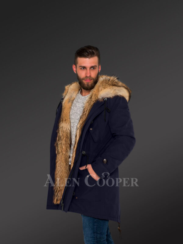 Masculine and stylish Golden Island fox fur hybrid navy parkas for men new side view