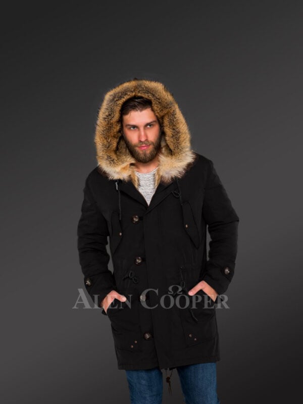 Mens Golden Island fox fur hybrid black parka convertibles for more stylish and elegant you! new Back side view