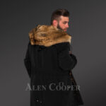 Men’s Golden Island fox fur hybrid black parka convertibles for more stylish and elegant you! new Back side view