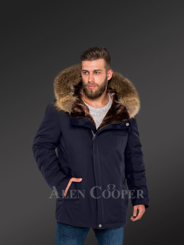 Men’s fashion trends redefined with Finn raccoon fur hybrid navy parka convertibles navy