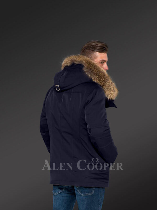 Men’s fashion trends redefined with Finn raccoon fur hybrid navy parka convertibles navy back side view