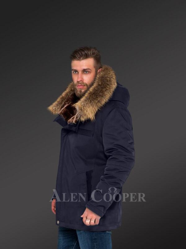 Men’s fashion trends redefined with Finn raccoon fur hybrid navy parka convertibles navy side view