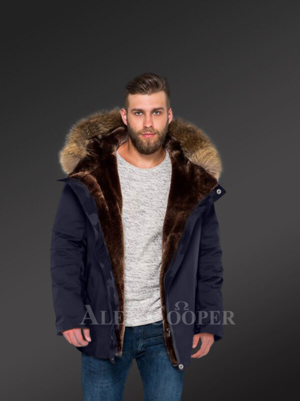 Men’s fashion trends redefined with Finn raccoon fur hybrid navy parka convertibles navy view