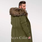 Men’s hybrid Green Finn raccoon fur parka convertibles for style and elegance back side view