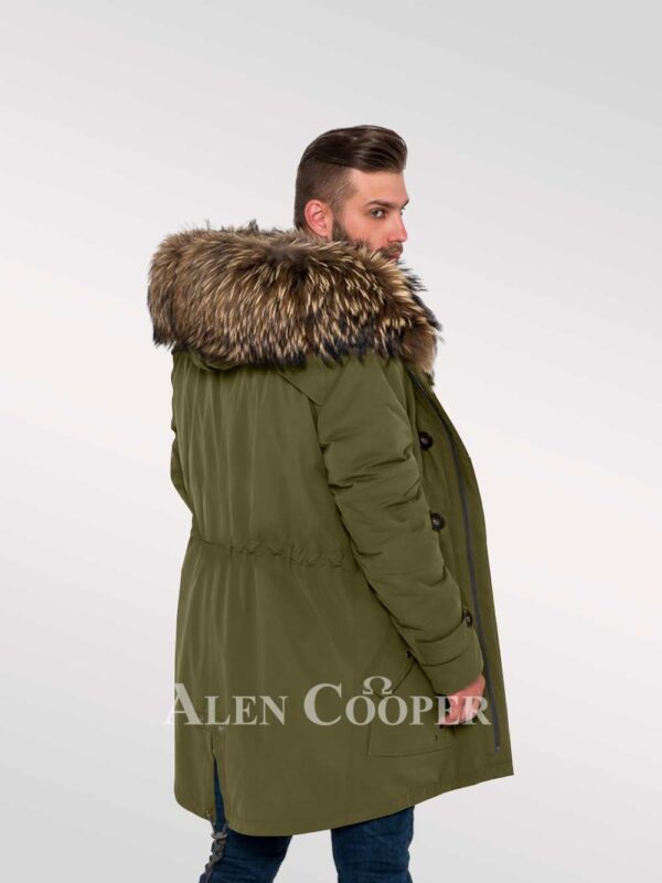 Men’s hybrid Green Finn raccoon fur parka convertibles for style and elegance back side view