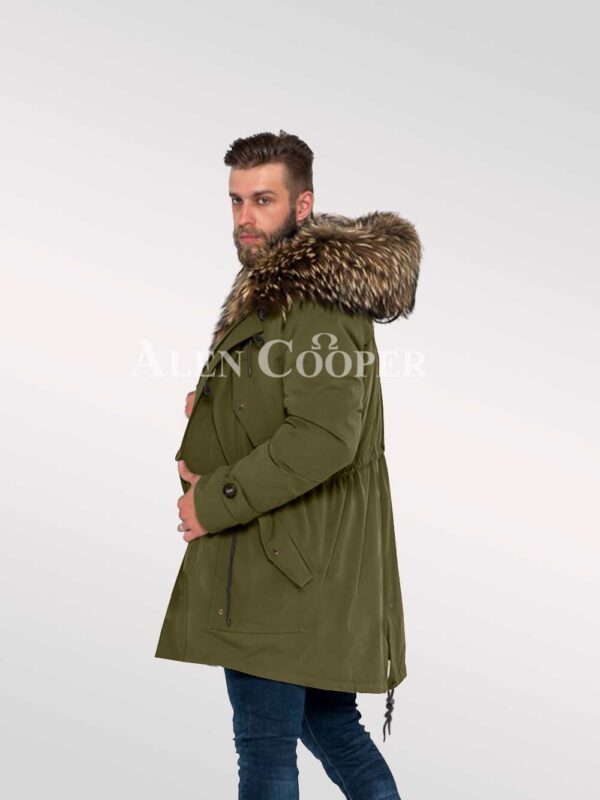 Men’s hybrid Green Finn raccoon fur parka convertibles for style and elegance side view
