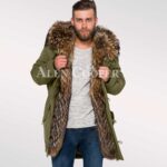 Men’s hybrid Green Finn raccoon fur parka convertibles for style and elegance view