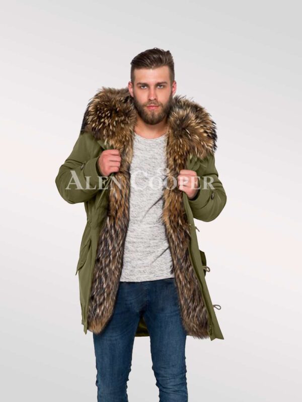 Men’s hybrid Green Finn raccoon fur parka convertibles for style and elegance view