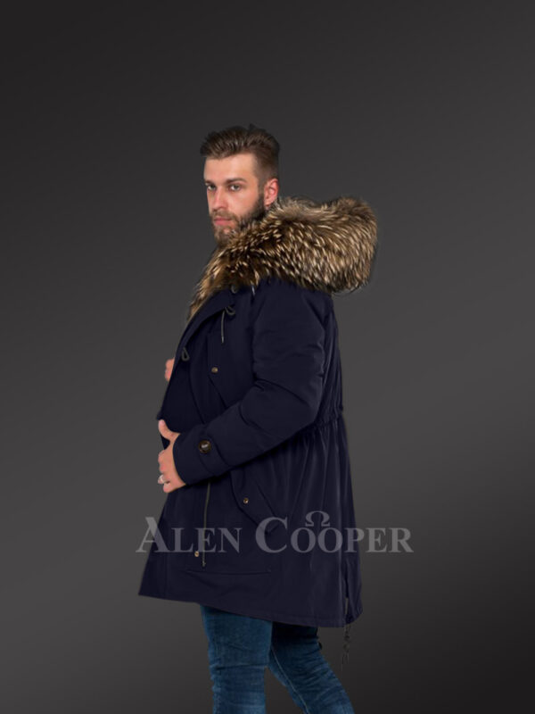 Men’s hybrid Navy Finn raccoon fur parka convertibles to reinvent charm and smartness! new Side view