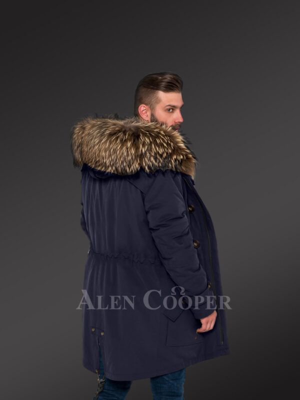 Men’s hybrid Navy Finn raccoon fur parka convertibles to reinvent charm and smartness! new back side view
