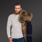 Men’s hybrid Navy Finn raccoon fur parka convertibles to reinvent charm and smartness! new view