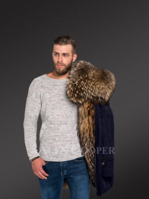 Men’s hybrid Navy Finn raccoon fur parka convertibles to reinvent charm and smartness! new view
