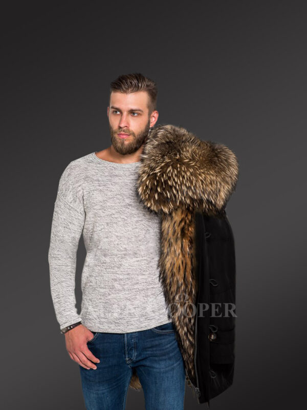 More charming and attractive men in hybrid Coffee Finn raccoon fur parka convertibles new