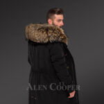 More charming and attractive men in hybrid Coffee Finn raccoon fur parka convertibles new Back side view