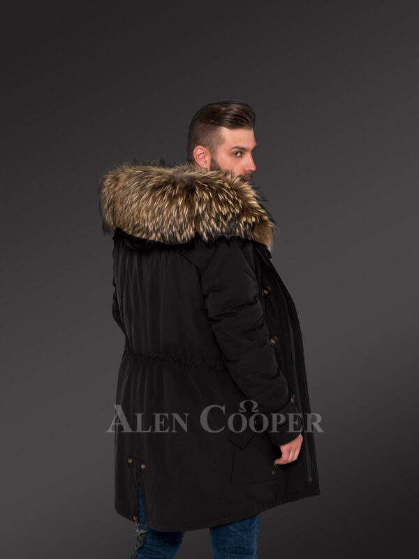 More charming and attractive men in hybrid Coffee Finn raccoon fur parka convertibles new Back side view