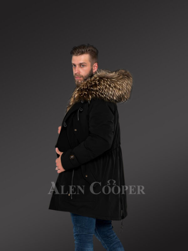 More charming and attractive men in hybrid Coffee Finn raccoon fur parka convertibles new side view