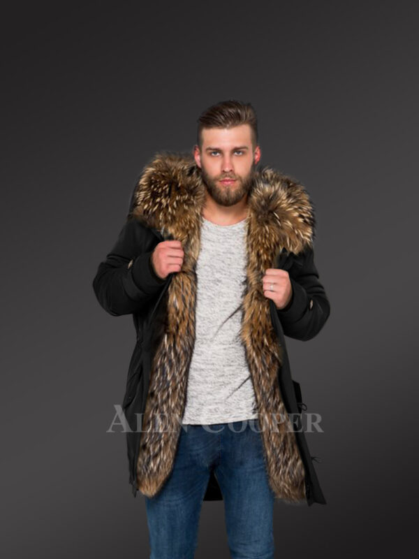 More charming and attractive men in hybrid Coffee Finn raccoon fur parka convertibles new view