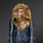 Navy motorcycle leather jacket with detachable raccoon fur collar & zip-out fur hood for stylish Men With Model