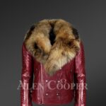 New Men’s Wine Color Leather Moto Jacket with Real Raccoon Collar for winter