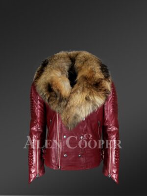 New Men’s Wine Color Leather Moto Jacket with Real Raccoon Collar for winter