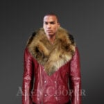 New Men’s Wine Color Leather Moto Jacket with Real Raccoon Collar for winter new with model