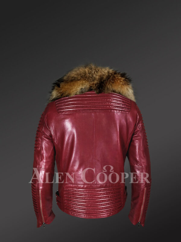 New Men’s Wine Color Leather Moto Jacket with Real Raccoon Collar for winter side view back side view