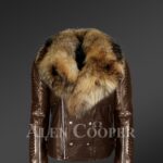Raccoon fur collar real leather jacket with asymmetrical zipper closure in coffee new views