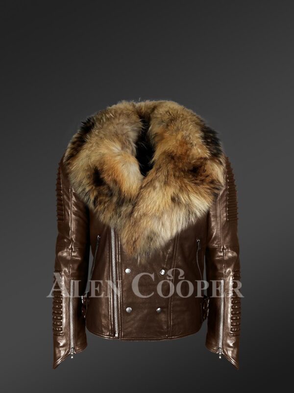 Raccoon fur collar real leather jacket with asymmetrical zipper closure in coffee new views