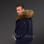 Tastefully crafted hybrid Finn raccoon fur Navy parka for men who dare! new Back side view