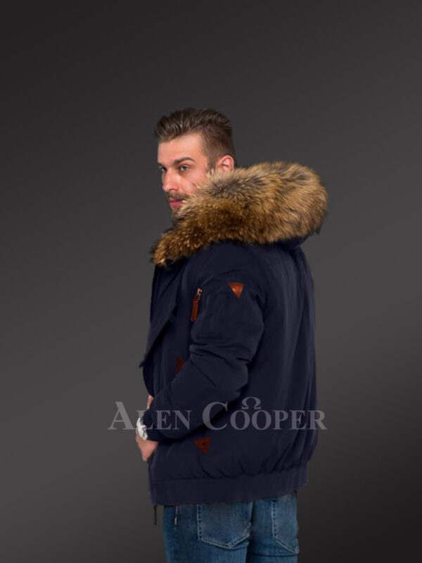 Tastefully crafted hybrid Finn raccoon fur Navy parka for men who dare! new Back side view
