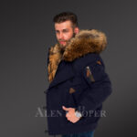 Tastefully crafted hybrid Finn raccoon fur Navy parka for men who dare! new side view