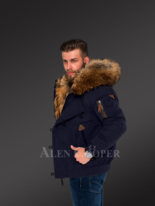 Tastefully crafted hybrid Finn raccoon fur Navy parka for men who dare! new side view
