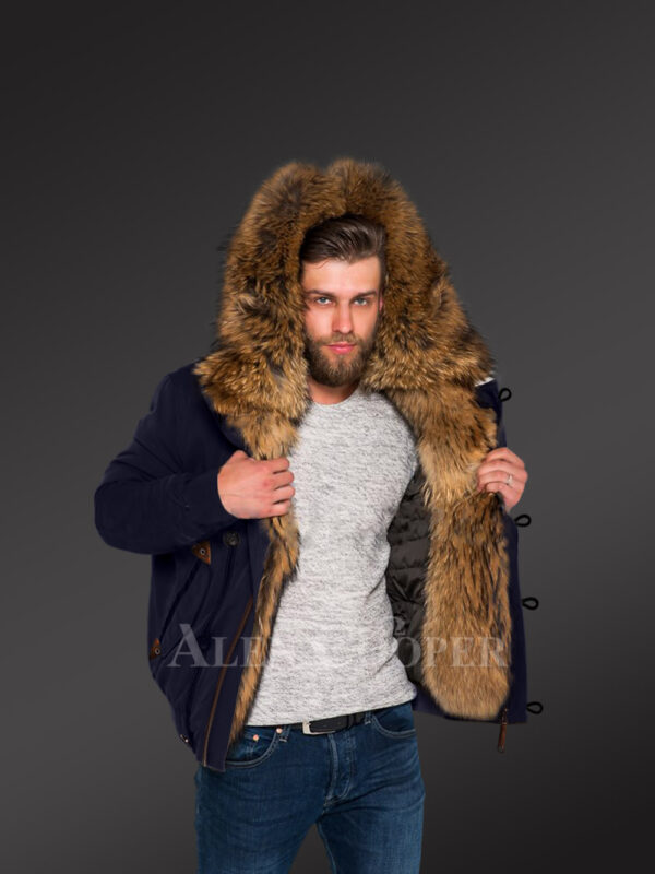 Tastefully crafted hybrid Finn raccoon fur Navy parka for men who dare new view