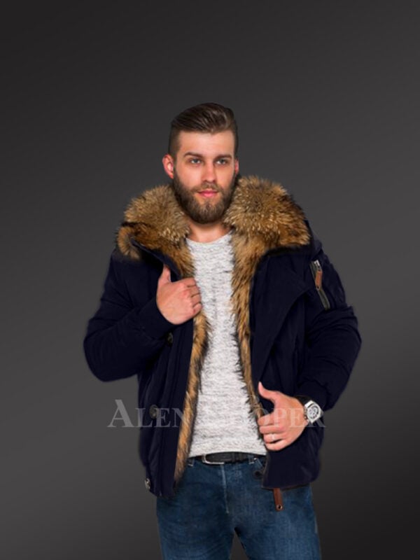 Tastefully crafted hybrid Finn raccoon fur Navy parka for men who dare! new view