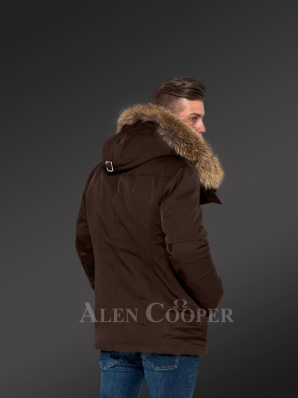 Time for men to reinvent themselves with hybrid Coffee Finn raccoon fur parka convertibles new back side view