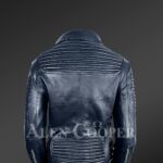 Chic navy motorcycle leather jacket for women Back side view