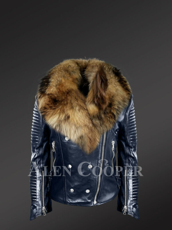 Chic navy motorcycle leather jacket for women with detachable raccoon fur collar
