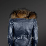 Chic navy motorcycle leather jacket for women with detachable raccoon fur collar back side view