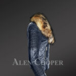 Chic navy motorcycle leather jacket for women with detachable raccoon fur collar side view