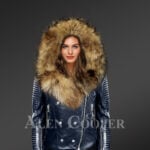 Chic navy motorcycle leather jacket for women with detachable raccoon fur collar & zip-out fur hood new