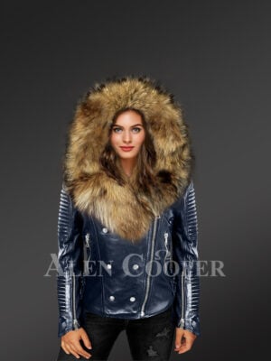 Chic navy motorcycle leather jacket for women with detachable raccoon fur collar & zip-out fur hood new